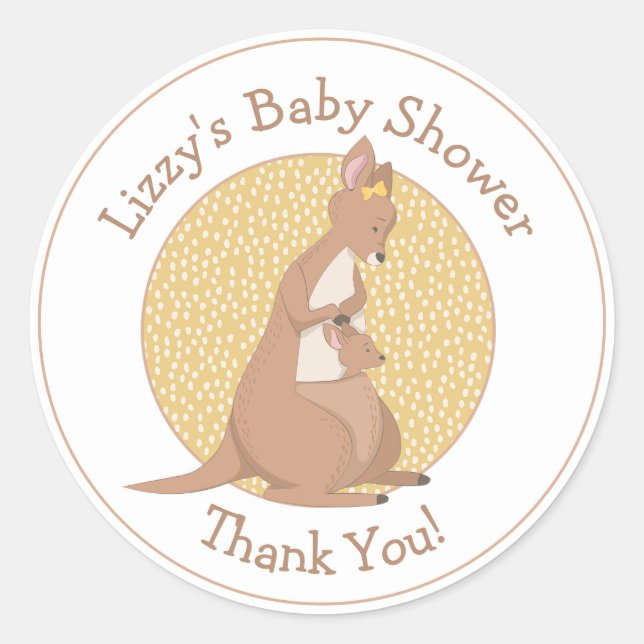 Sticker Rond Baby shower Kangaroo Merci jaune neutre (Devant)