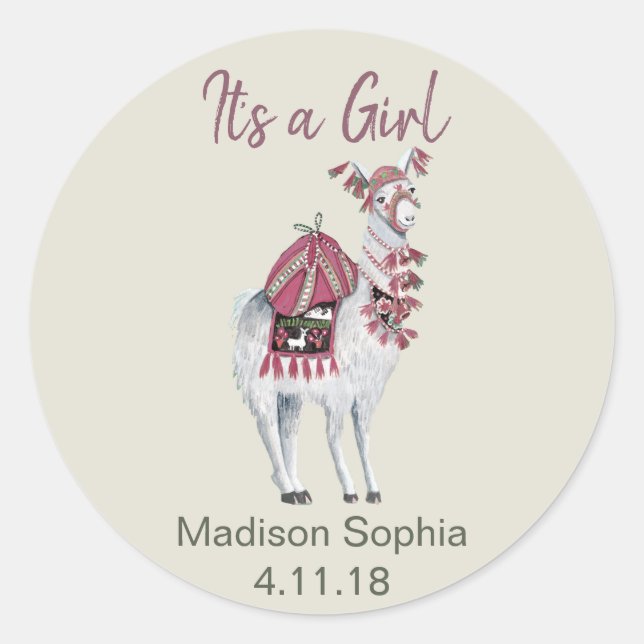 Sticker Rond Baby shower lama chic beige (Devant)