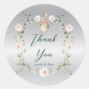 Sticker Rond Baby shower lapin floral argenté
