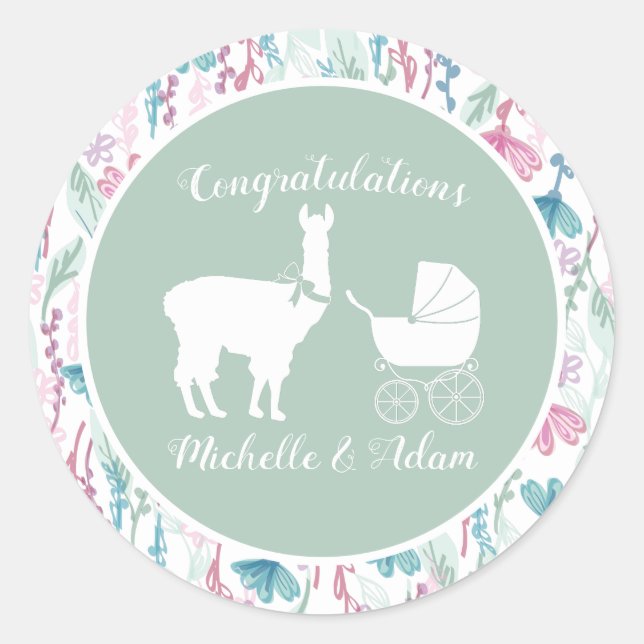 Sticker Rond Baby shower Llama (Devant)