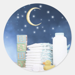Sticker Rond Baby Shower Lune Bleue et Étoiles