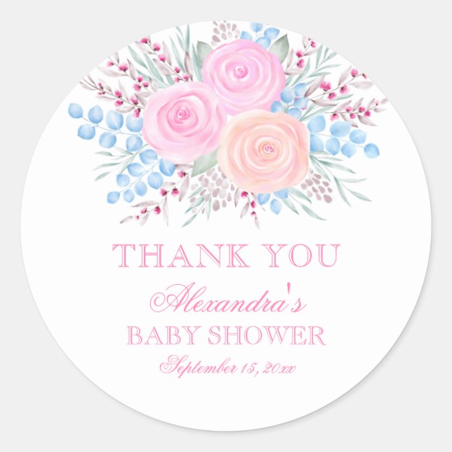 Sticker Rond Baby shower Merci Aquarelle Bouquet rose (Devant)