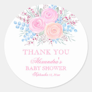 Sticker Rond Baby shower Merci Aquarelle Bouquet rose