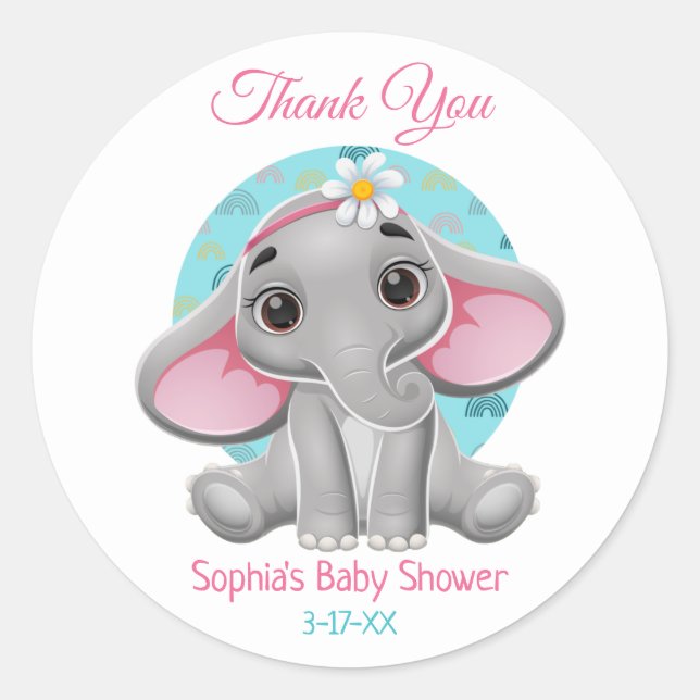 Sticker Rond Baby shower Merci Cute Elephant do-it-yourself Nom (Devant)