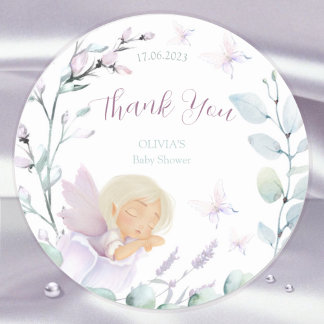 Sticker Rond Baby shower Merci d'aquarelle papillon