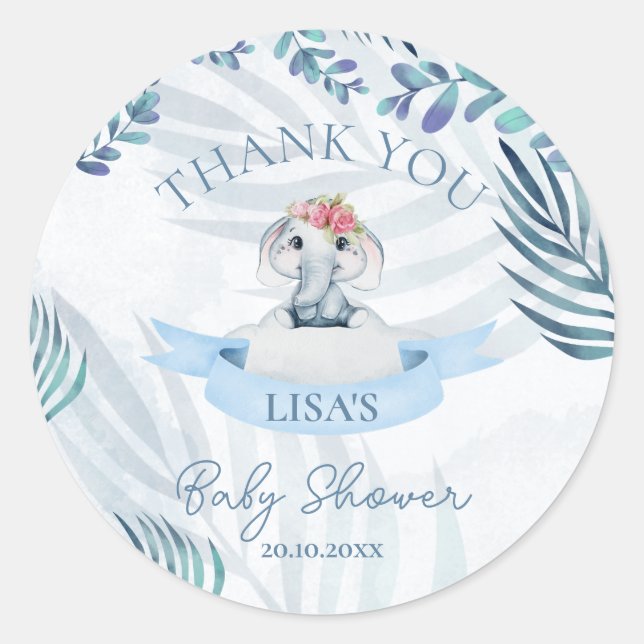 Sticker Rond Baby shower Merci Eléphant Aquarelle Cute (Devant)