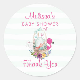 Sticker Rond Baby shower Merci Flamant rose d'oeufs et lapin