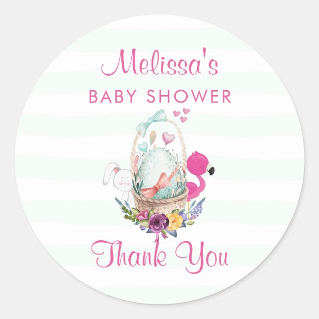 Sticker Rond Baby shower Merci Flamant rose d'oeufs et lapin (Devant)