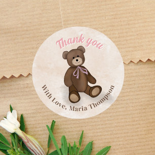 Sticker Rond Baby shower Merci rose ours en peluche