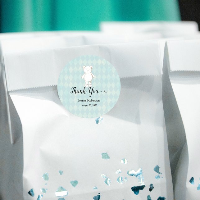 Sticker Rond Baby shower Merci Teddy Bear | Aqua Blue (Créateur téléchargé)