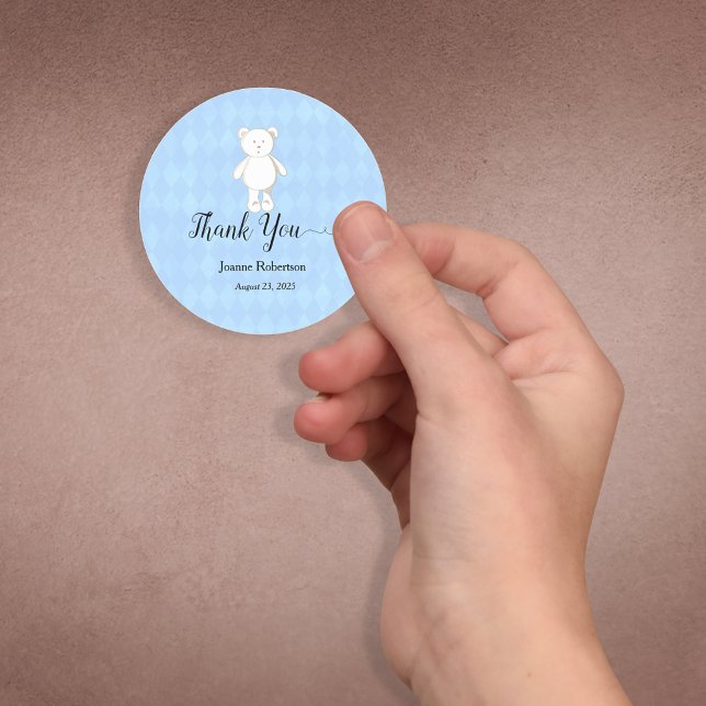 Sticker Rond Baby shower Merci Teddy Bear | Bleu bébé (Créateur téléchargé)