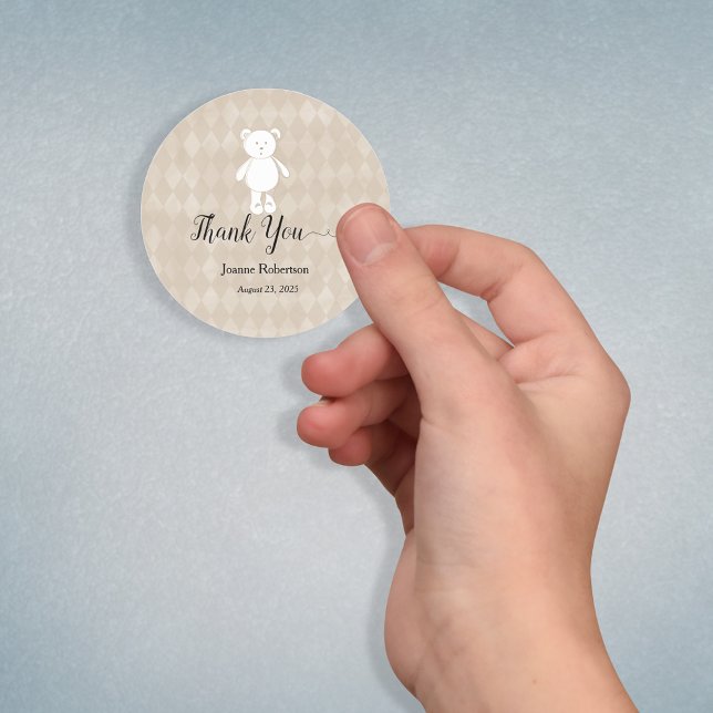 Sticker Rond Baby shower Merci Teddy Bear | Tan (Créateur téléchargé)