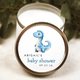 Sticker Rond Baby Shower Mignon Dinosaure Aquarelle Bleu