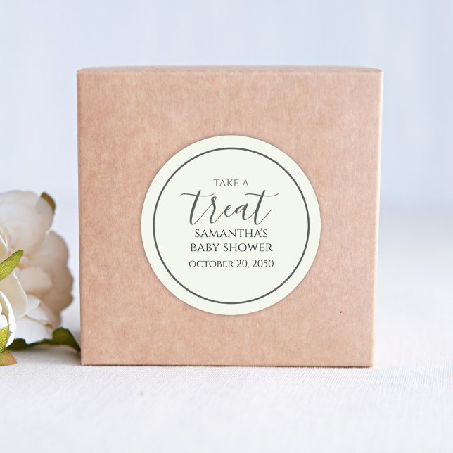 Sticker Rond Baby shower mignonne Calligraphie Script Treat Gre (Créateur téléchargé)