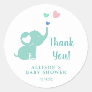 Sticker Rond Baby shower minimal Turquoise Merci d'éléphant ver