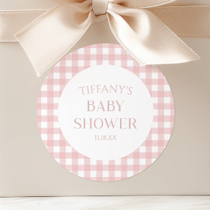 Sticker Rond Baby-Shower Minimaliste Minimal Rose à Carreaux