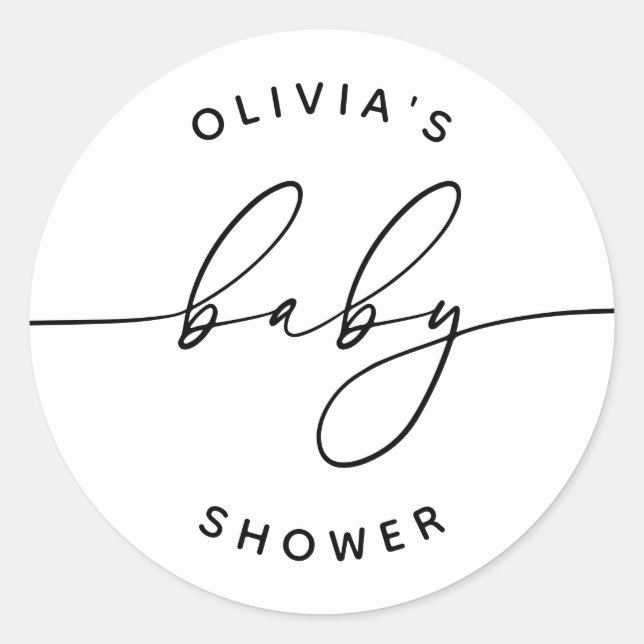 Sticker Rond Baby Shower Minimaliste. Texte Noir & Blanc Favori (Devant)