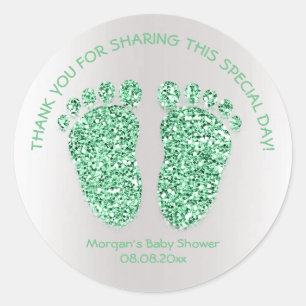 Sticker Rond Baby shower MintGrey Parties scintillant Pieds Fav
