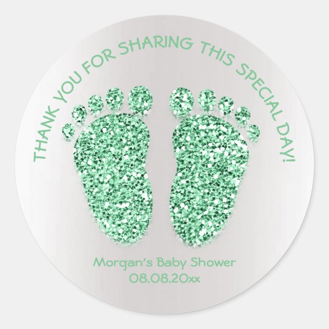 Sticker Rond Baby shower MintGrey Parties scintillant Pieds Fav (Devant)