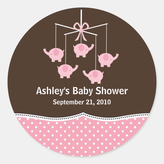 Sticker Rond Baby shower mobile rose et Brown Elephant (Devant)