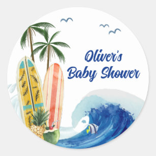 Sticker Rond Baby shower moderne Blue Ocean Wave Surboard