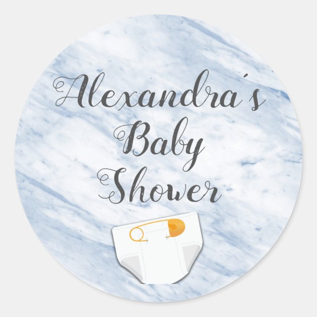Sticker Rond Baby shower moderne en marbre bleu couche personna (Devant)