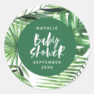 Sticker Rond Baby shower moderne et verdoyant, feuillage tropic