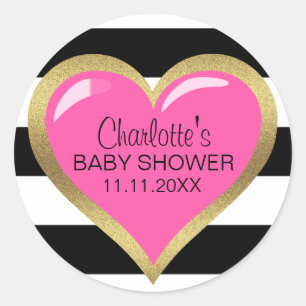 Sticker Rond Baby shower moderne moderne rose Coeur noir blanc