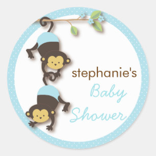 Sticker Rond Baby shower moderne Monkey Twin Boy en bleu