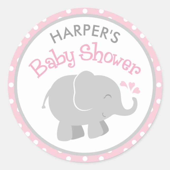 Sticker Rond Baby shower moderne rose et gris éléphant fille (Devant)
