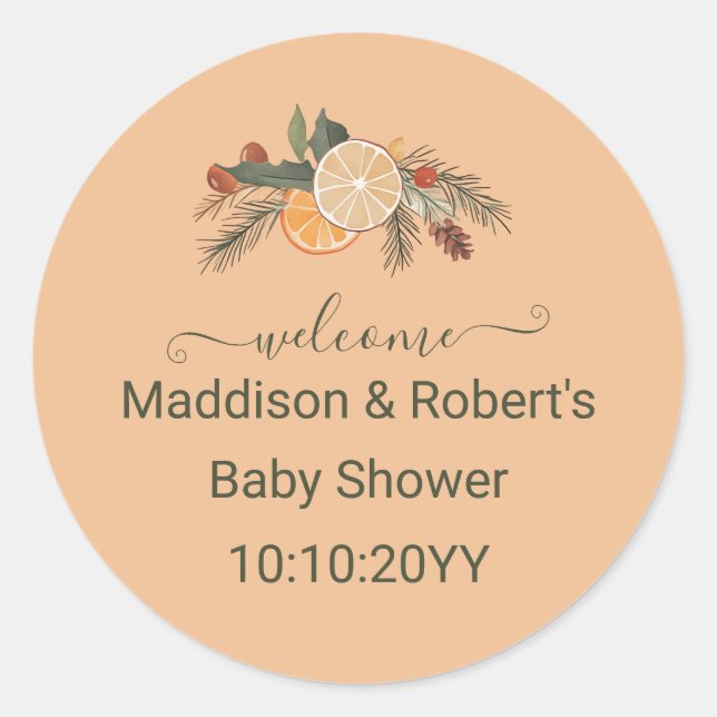 Sticker Rond Baby shower moderne séché d'agrumes d'hiver Accuei (Devant)