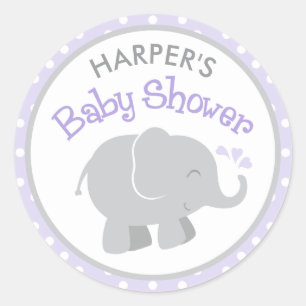 Sticker Rond Baby shower moderne violet gris éléphant fille
