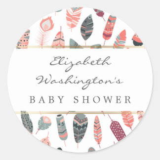 Sticker Rond Baby shower Motif de Plumes de Bohême