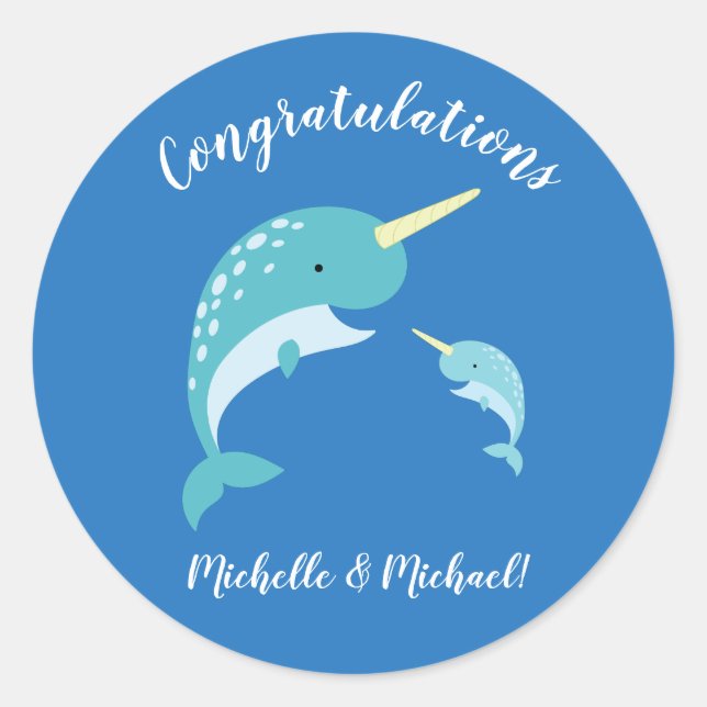Sticker Rond Baby shower Narwhal Bleu Garçon mignon (Devant)
