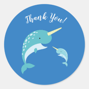 Sticker Rond Baby shower Narwhal Blue Boy Whale