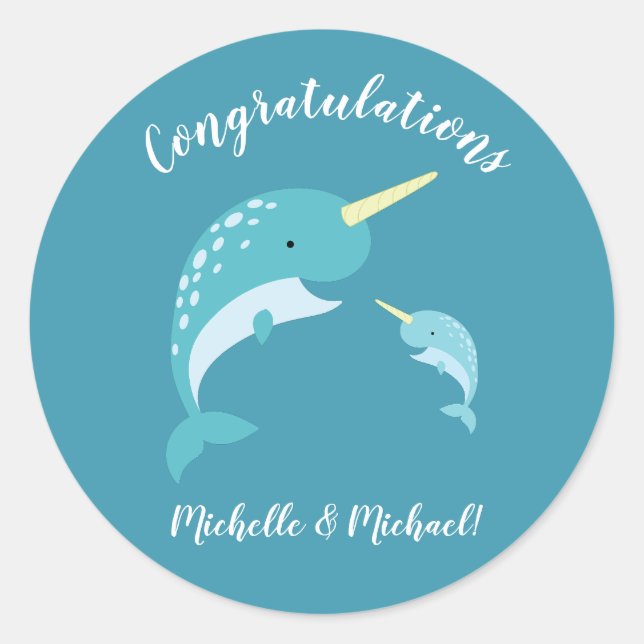 Sticker Rond Baby shower Narwhal Jaune Genre Baleine Neutre (Devant)