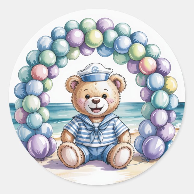 Sticker Rond Baby shower Nautical Teddy Bear Beach Boy (Devant)