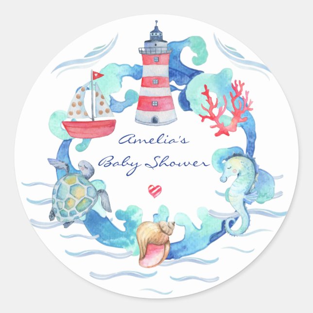 Sticker Rond Baby shower Nautique Neutre Sexe Aquarelle (Devant)