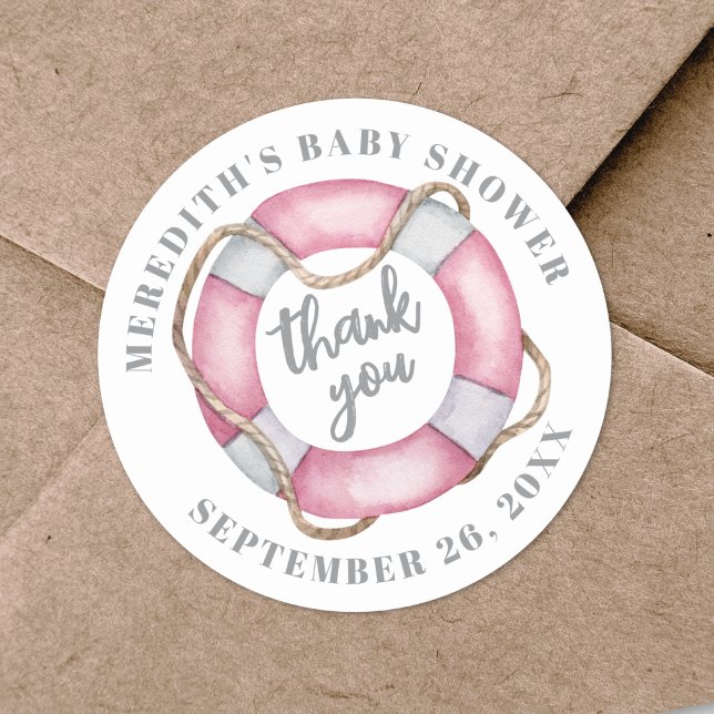 Sticker Rond Baby shower nautique rose (Pink Nautical Baby Shower Classic Round Sticker
)
