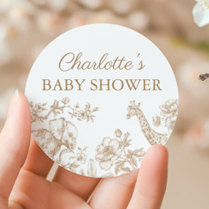 Sticker Rond Baby shower neutre beige Safari Toile de Jouy