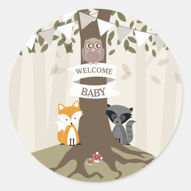 Sticker Rond Baby shower Neutre des animaux des bois (Devant)