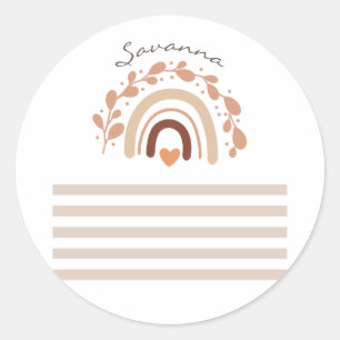 Sticker Rond Baby Shower Nom Personnalisé Arc-en-ciel Neutre 