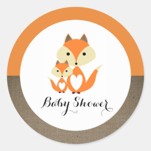 Sticker Rond Baby shower Orange Fox Burlap
