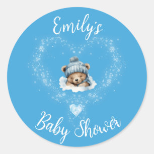 Sticker Rond Baby shower Ours Bleu Teddy Excité