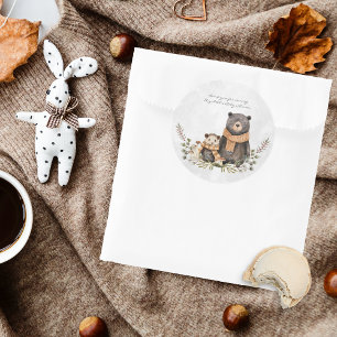 Sticker Rond Baby Shower Ours en Forêt de Bois en Automne