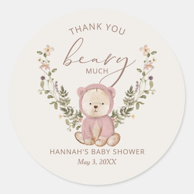 Sticker Rond Baby shower Ours En Teddy Rose Favoriser (Devant)