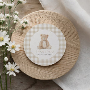 Sticker Rond Baby Shower Ours en Vichy Neutre