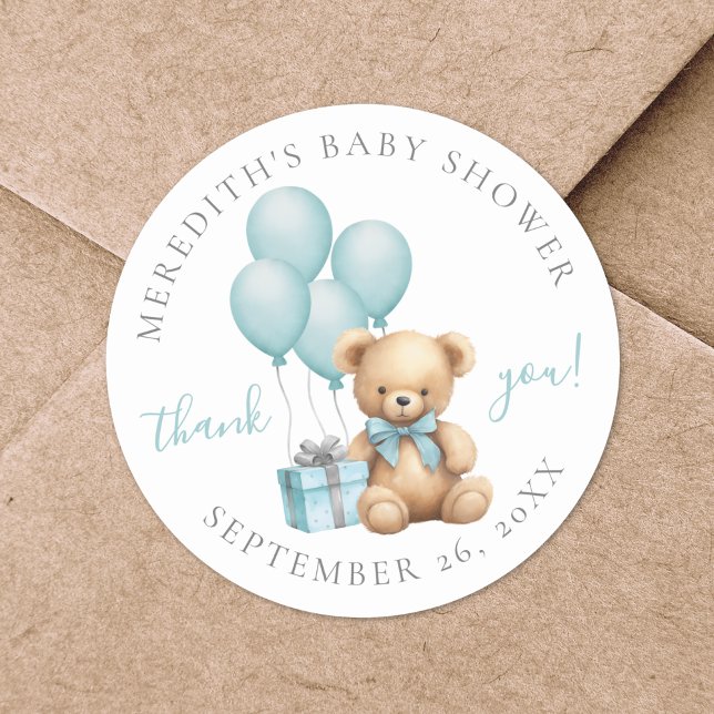 Sticker Rond Baby shower ourson bleu (Blue Teddy Bear Baby Shower Classic Round Sticker)