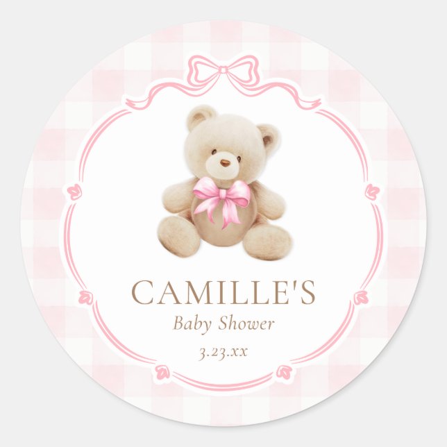 Sticker Rond Baby Shower Ourson Gingham Rose (Devant)