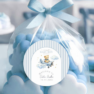 Sticker Rond Baby Shower Ourson Petit Pilote Garçon